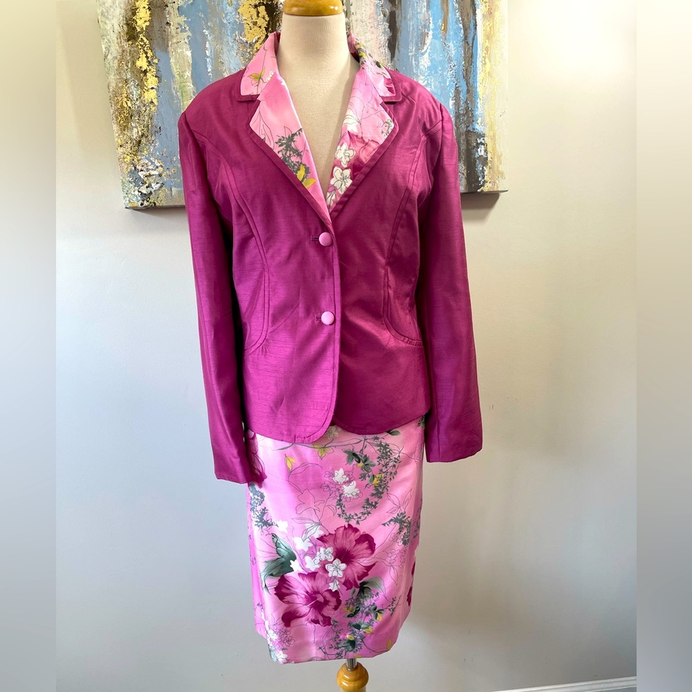MORGAN MILLER Women 2PCS Floral Pink Green, White, Yellow Skirt Suit Size 18